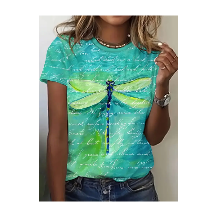 Women Dragonfly Short Sleeve Tee T-shirt Crew Neck Printing Casual Summer Graphic Tee Top