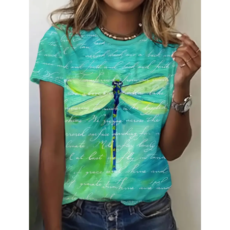 Women Dragonfly Short Sleeve Tee T-shirt Crew Neck Printing Casual Summer Graphic Tee Top