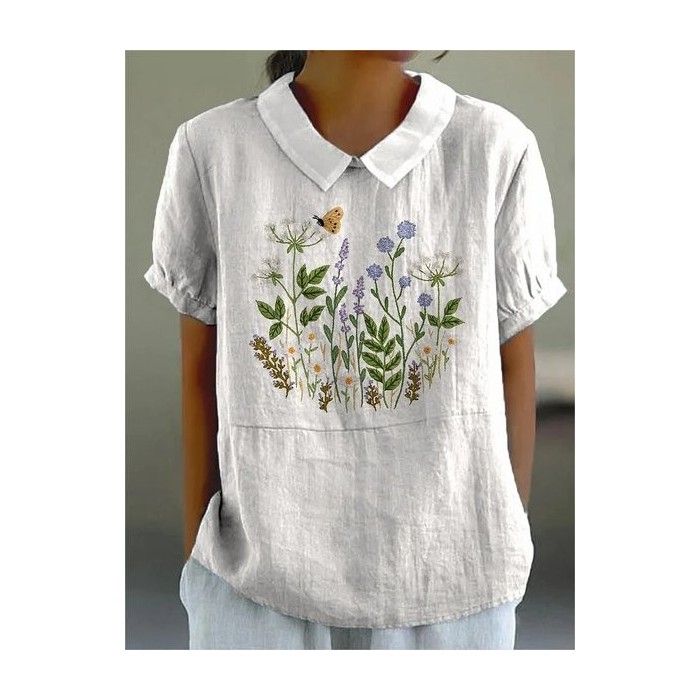 Women Floral Half Sleeve Blouse Summer Shawl Collar Daily Casual Top