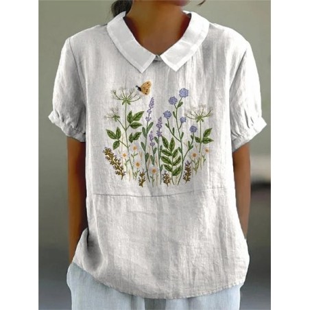 Women Floral Half Sleeve Blouse Summer Shawl Collar Daily Casual Top