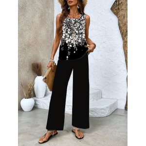 Women Floral Printing Two-Piece Set Daily Sleeveless Casual Summer Top With Pants Matching Set