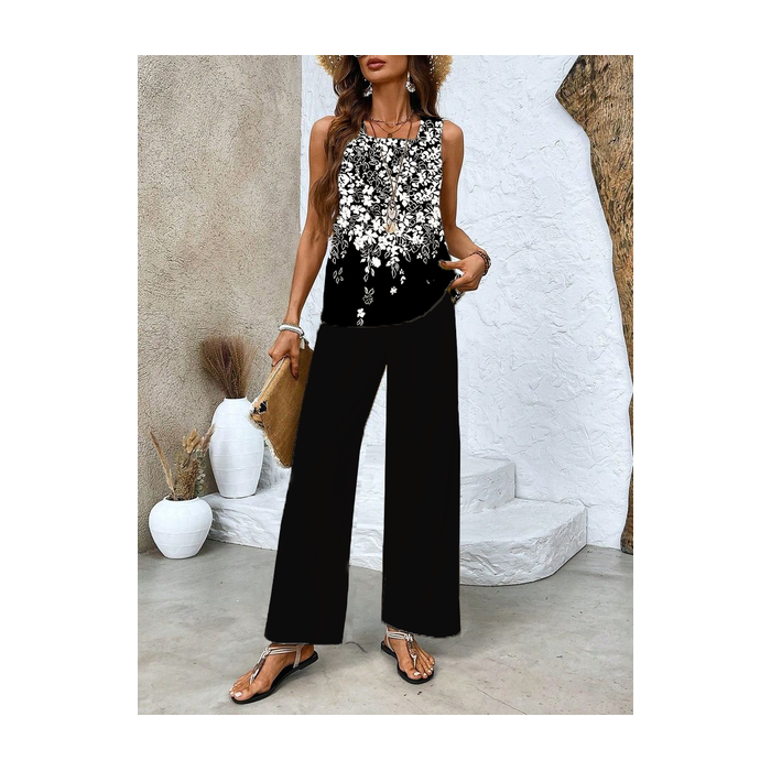 Women Floral Printing Two-Piece Set Daily Sleeveless Casual Summer Top With Pants Matching Set
