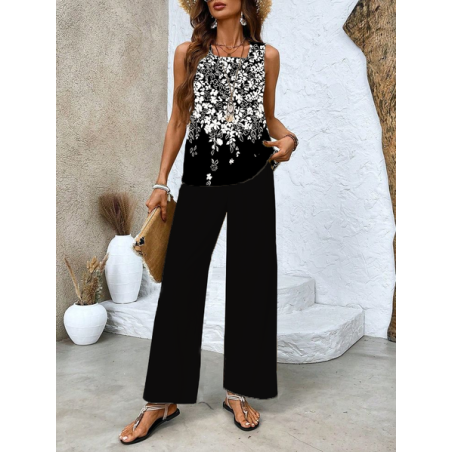 Women Floral Printing Two-Piece Set Daily Sleeveless Casual Summer Top With Pants Matching Set