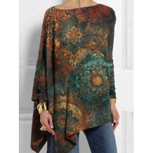 Women Ethnic Long Sleeve Blouse Spring/Fall Crew Neck Daily Casual Top