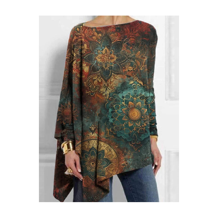 Women Ethnic Long Sleeve Blouse Spring/Fall Crew Neck Daily Casual Top