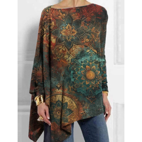 Women Ethnic Long Sleeve Blouse Spring/Fall Crew Neck Daily Casual Top