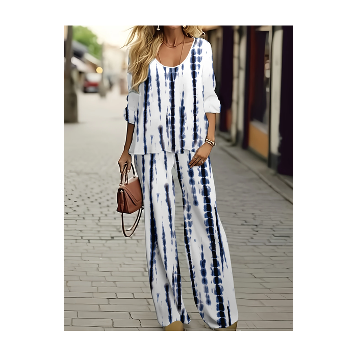 Women Striped Printing Two-Piece Set Daily Long Sleeve Casual Spring/Fall Top With Pants Matching Set