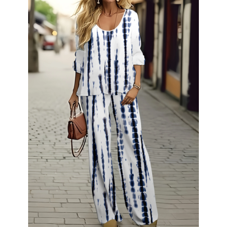 Women Striped Printing Two-Piece Set Daily Long Sleeve Casual Spring/Fall Top With Pants Matching Set