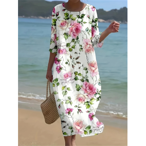 Women Floral Half Sleeve Summer Printing Dress Crew Neck Daily Casual Maxi H-Line Dress