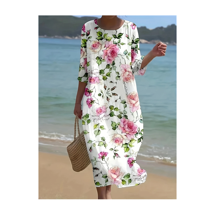 Women Floral Half Sleeve Summer Printing Dress Crew Neck Daily Casual Maxi H-Line Dress