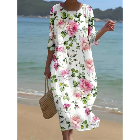 Women Floral Half Sleeve Summer Printing Dress Crew Neck Daily Casual Maxi H-Line Dress