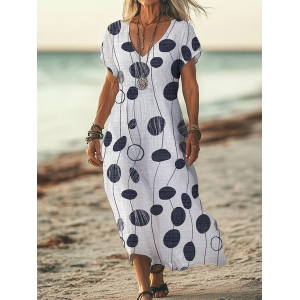 Women Abstract Polka Dots Short Sleeve Summer Printing Dress V Neck Daily Casual Maxi X-Line Dress