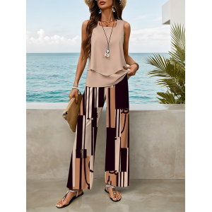 Women Geometric Printing Two-Piece Set Daily Sleeveless Casual Summer Top With Pants Matching Set