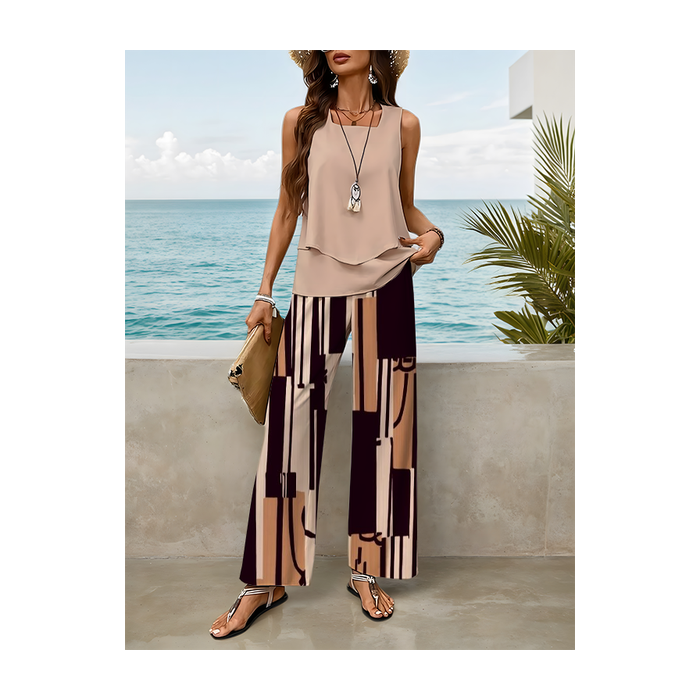 Women Geometric Printing Two-Piece Set Daily Sleeveless Casual Summer Top With Pants Matching Set