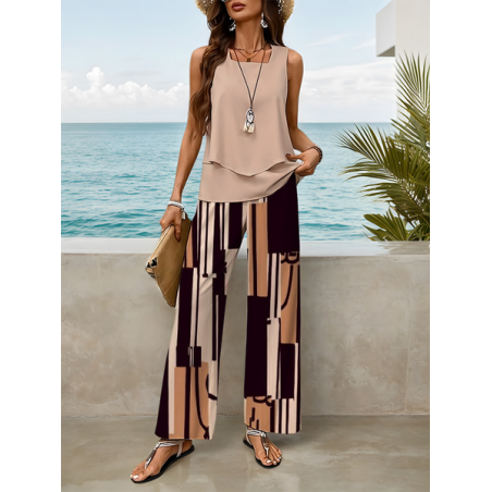 Women Geometric Printing Two-Piece Set Daily Sleeveless Casual Summer Top With Pants Matching Set