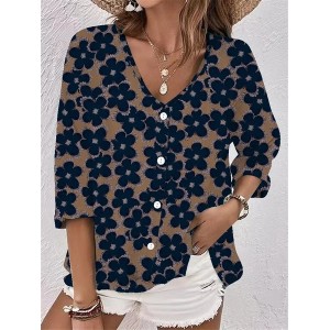 Women Floral Three Quarter Sleeve Blouse Spring/Fall Printing V Neck Daily Vintage Top