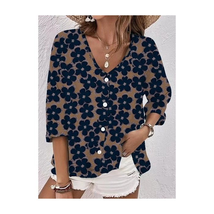 Women Floral Three Quarter Sleeve Blouse Spring/Fall Printing V Neck Daily Vintage Top