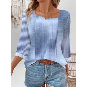 Women's Three Quarter Sleeve Tee T-shirt Spring/Fall Striped Cotton Notched Daily Going Out Casual Top