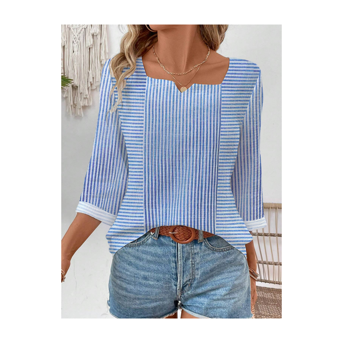 Women's Three Quarter Sleeve Tee T-shirt Spring/Fall Striped Cotton Notched Daily Going Out Casual Top