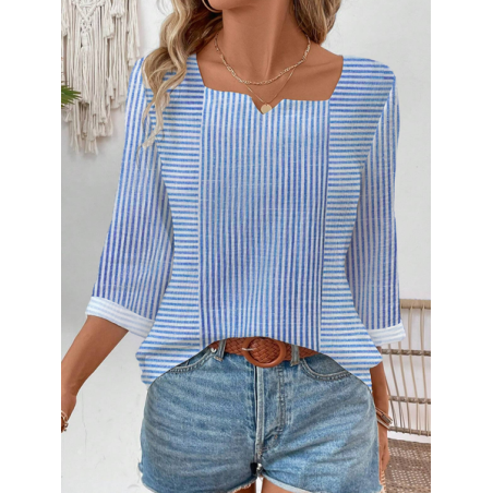 Women's Three Quarter Sleeve Tee T-shirt Spring/Fall Striped Cotton Notched Daily Going Out Casual Top