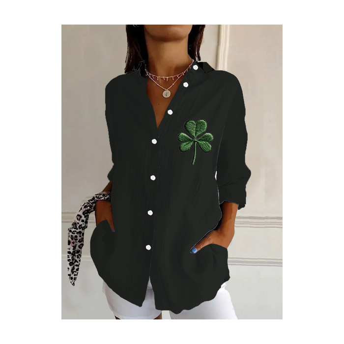 Women's Shamrock St. Patrick's Day Floral Long Sleeve Shirt Spring/Fall Buckle Shirt Collar Daily Casual Top