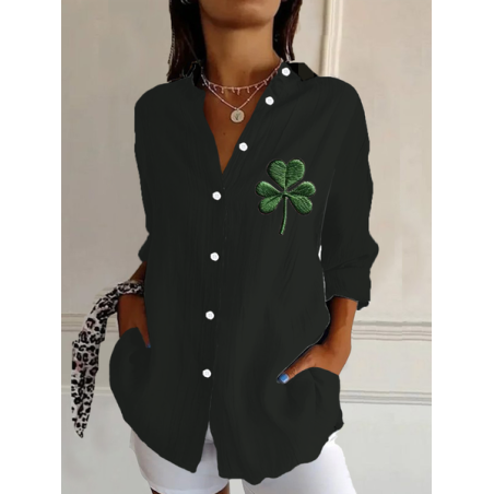 Women's Shamrock St. Patrick's Day Floral Long Sleeve Shirt Spring/Fall Buckle Shirt Collar Daily Casual Top
