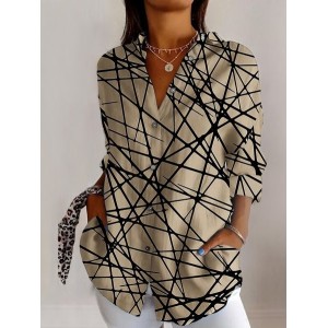 Women's Long Sleeve Shirt Spring/Fall Geometric Cotton Shirt Collar Daily Going Out Casual Top