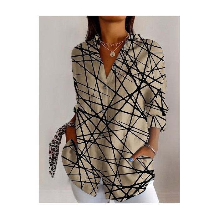 Women's Long Sleeve Shirt Spring/Fall Geometric Cotton Shirt Collar Daily Going Out Casual Top