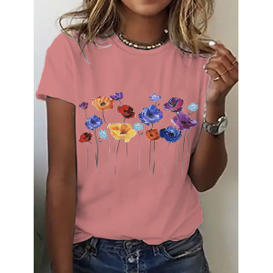 Women's Short Sleeve Tee T-shirt Summer Floral Crew Neck Casual Top