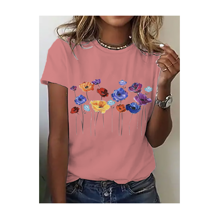 Women's Short Sleeve Tee T-shirt Summer Floral Crew Neck Casual Top