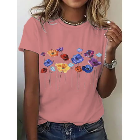 Women's Short Sleeve Tee T-shirt Summer Floral Crew Neck Casual Top