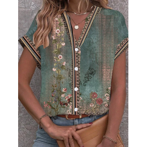 Women's Short Sleeve Shirt Summer Floral Printing V Neck Daily Going Out Casual Top