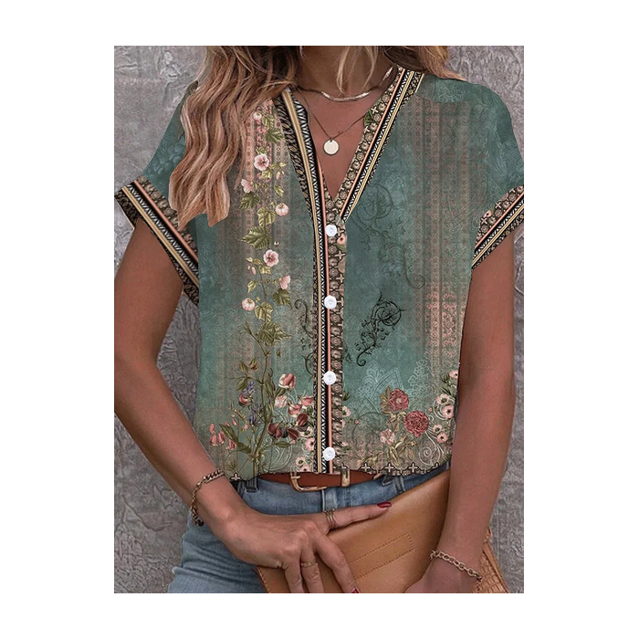Women's Short Sleeve Shirt Summer Floral Printing V Neck Daily Going Out Casual Top