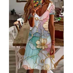 Women's Short Sleeve Summer Floral Printing Dress V Neck Daily Going Out Casual Knee Length T-Shirt Dress H-Line Dress