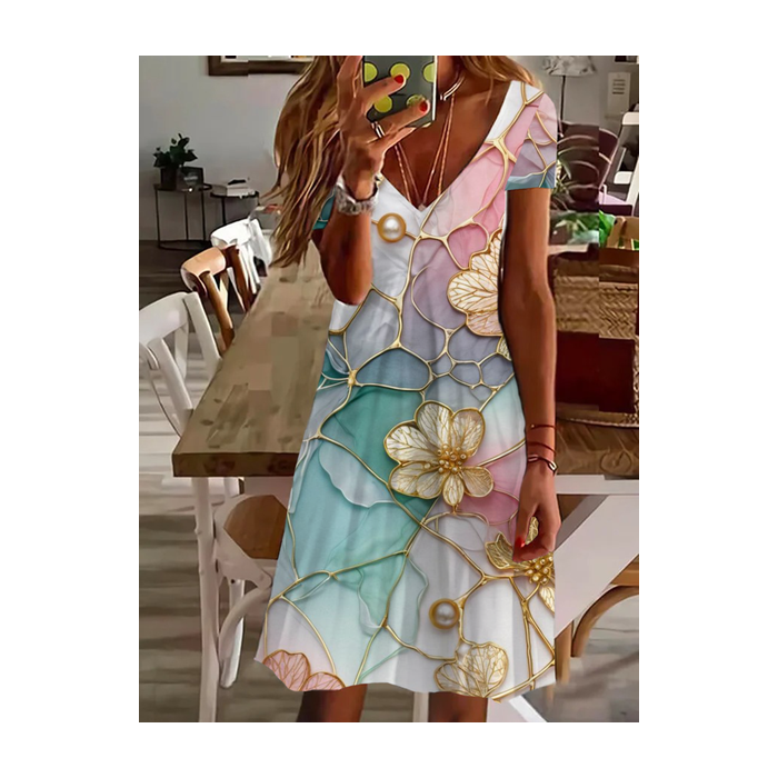 Women's Short Sleeve Summer Floral Printing Dress V Neck Daily Going Out Casual Knee Length T-Shirt Dress H-Line Dress