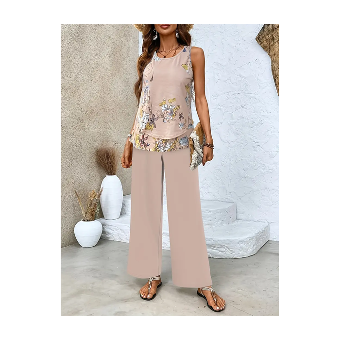 Women's Floral Printing Two-Piece Set Daily Sleeveless Casual Summer Top With Pants Matching Set