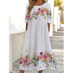 Women Floral Short Sleeve Summer Printing Dress Crew Neck Daily Casual Maxi Shift Dress H-Line Dress