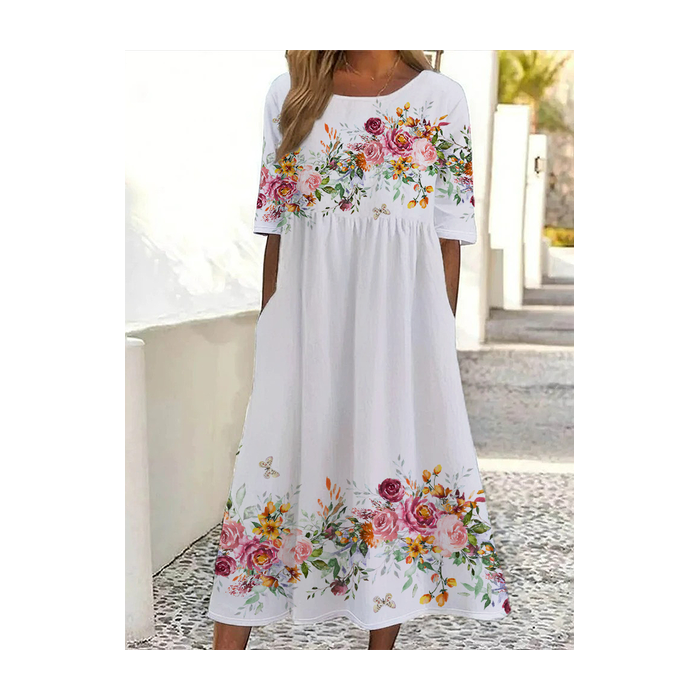 Women Floral Short Sleeve Summer Printing Dress Crew Neck Daily Casual Maxi Shift Dress H-Line Dress