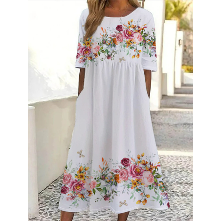 Women Floral Short Sleeve Summer Printing Dress Crew Neck Daily Casual Maxi Shift Dress H-Line Dress