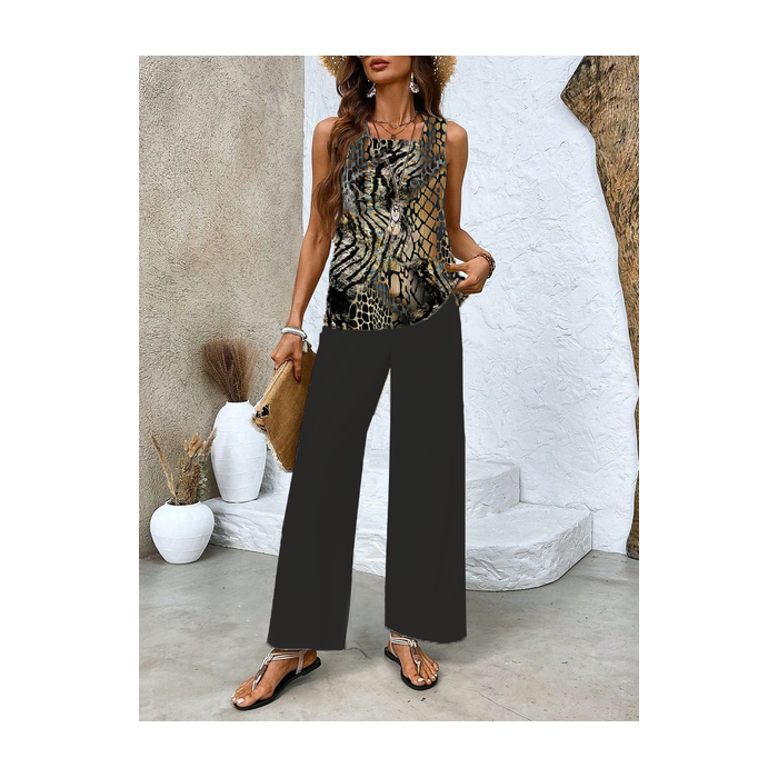 Women Abstract Printing Two-Piece Set Daily Sleeveless Casual Summer Top With Pants Matching Set