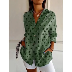 Women Polka Dots Long Sleeve Shirt Spring/Fall Buckle Shirt Collar Daily Casual Top