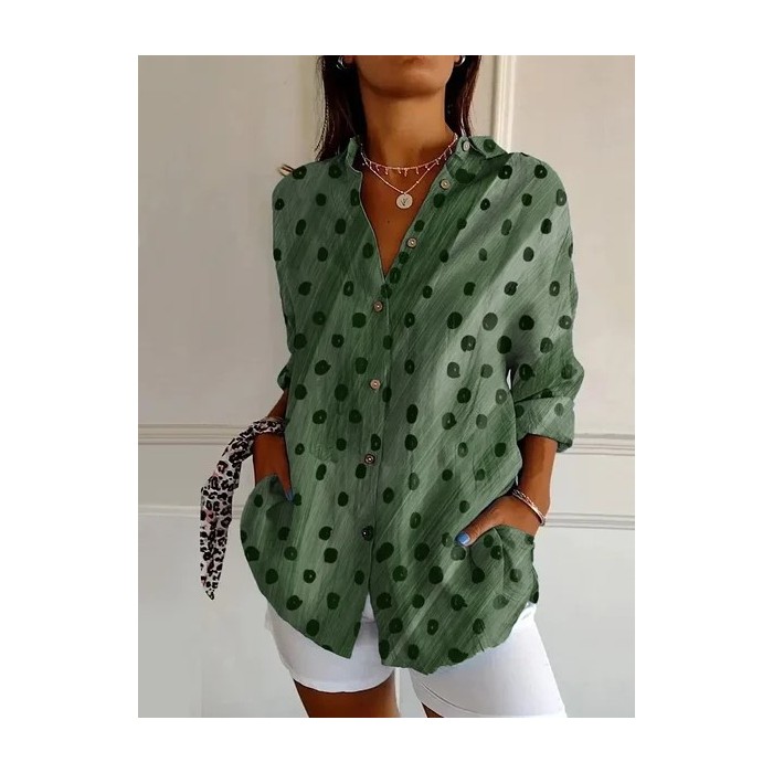Women Polka Dots Long Sleeve Shirt Spring/Fall Buckle Shirt Collar Daily Casual Top