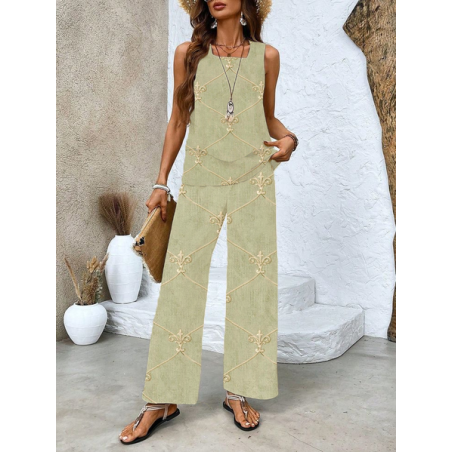Women Floral Printing Two-Piece Set Daily Sleeveless Casual Summer Top With Pants Matching Set