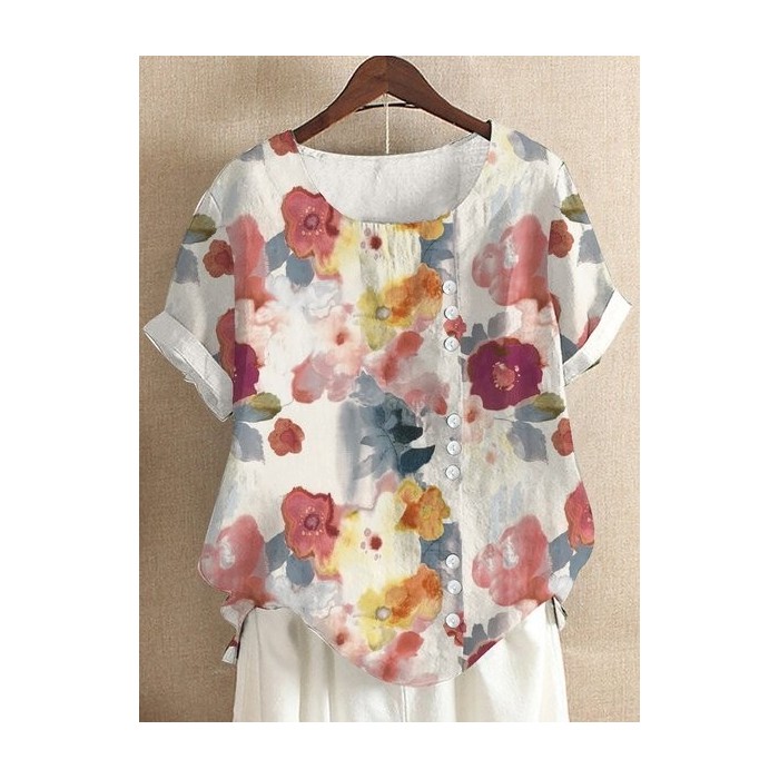 Women Floral Half Sleeve Blouse Summer Crew Neck Daily Casual Top