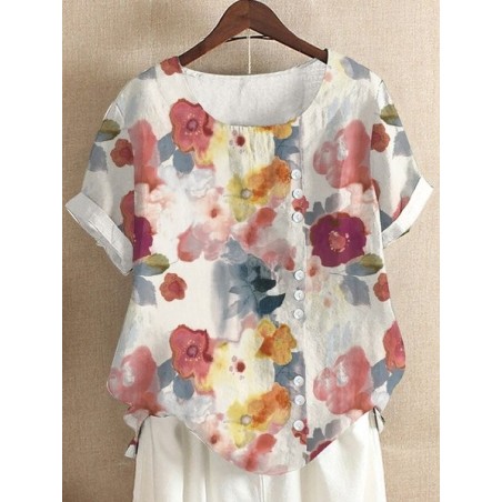 Women Floral Half Sleeve Blouse Summer Crew Neck Daily Casual Top