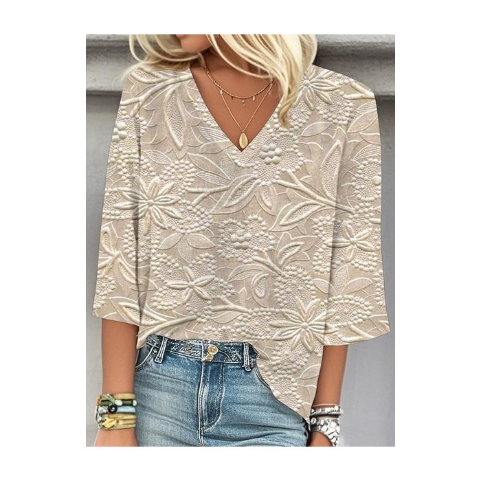 Women 3D Printing Three Quarter Sleeve Blouse Spring/Fall V Neck Daily Casual Top