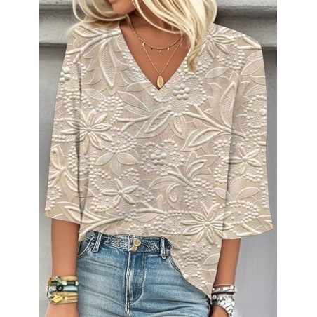 Women 3D Printing Three Quarter Sleeve Blouse Spring/Fall V Neck Daily Casual Top