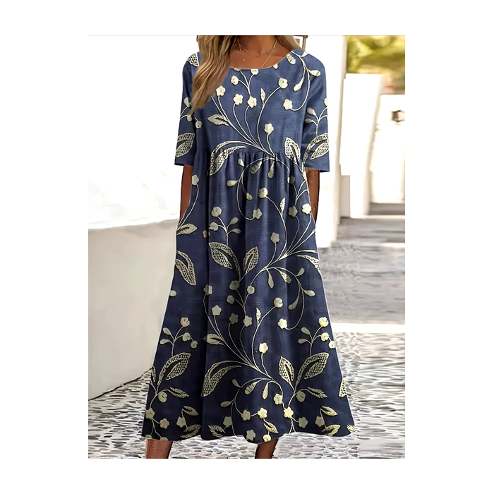 Women Floral Short Sleeve Summer Dress Crew Neck Daily Casual Maxi A-Line Dress