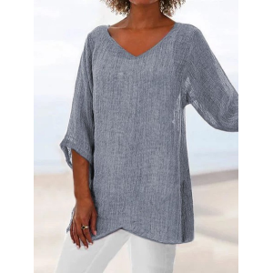 Women Plain Short Sleeve Shirt Summer V Neck Holiday Casual Top