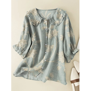 Women Floral Short Sleeve Shirt Summer Printing Shawl Collar Daily Casual Top